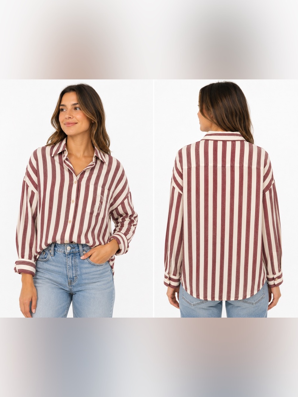 Victoria’s Secret Women’s Striped Button-Up Shirt Burgundy White Size S